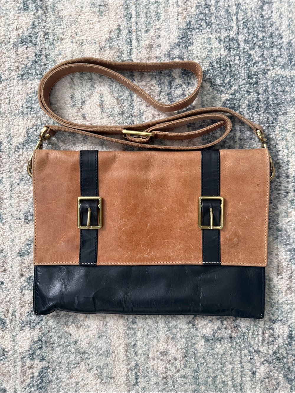Sseko Two-Tone Brown and Black Leather Crossbody Bag
